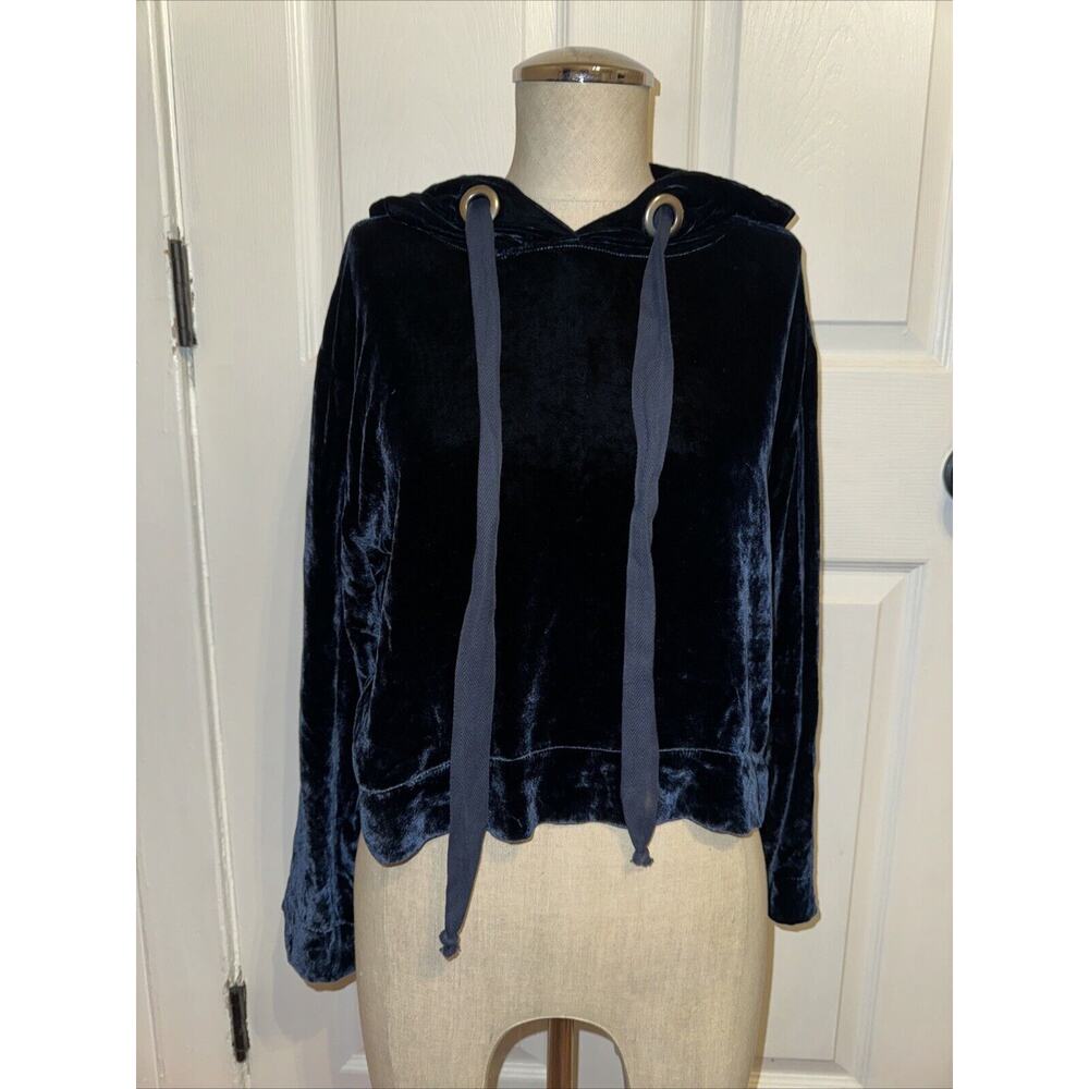 Bella Dahl Women’s Navy Blue Viscose Velvet Velour Cropped Hoodie Top XS